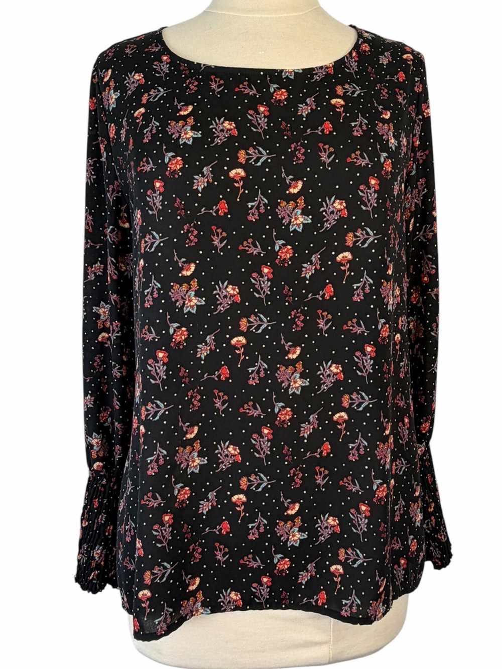 Anthropologie Pleione Top Flowy Scoop Neck Long Sleeve Floral Print Black - Picture 9 of 15